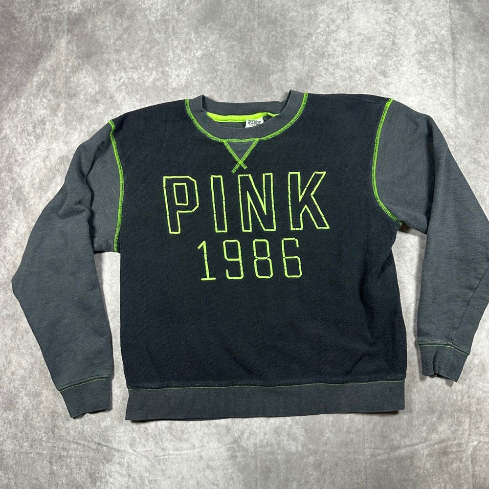 Victoria's Secret PINK Sweatshirt Womens M Black‎ Neon Green 1986 Crewneck Y2K